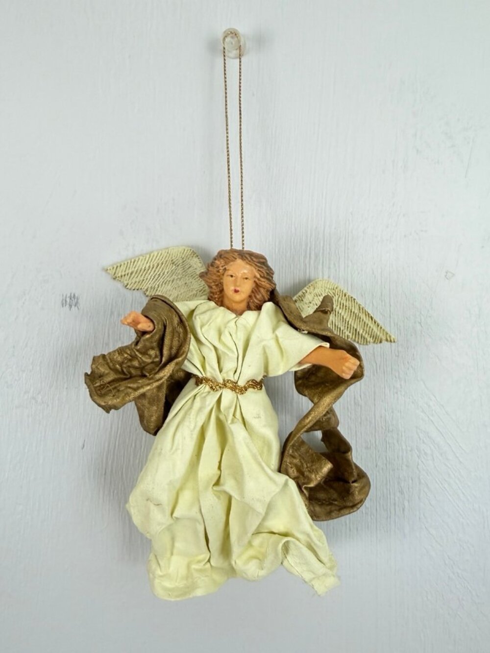 Vintage 1990s Angel Christmas Ornament Handcrafted Paper Mache Red Gold